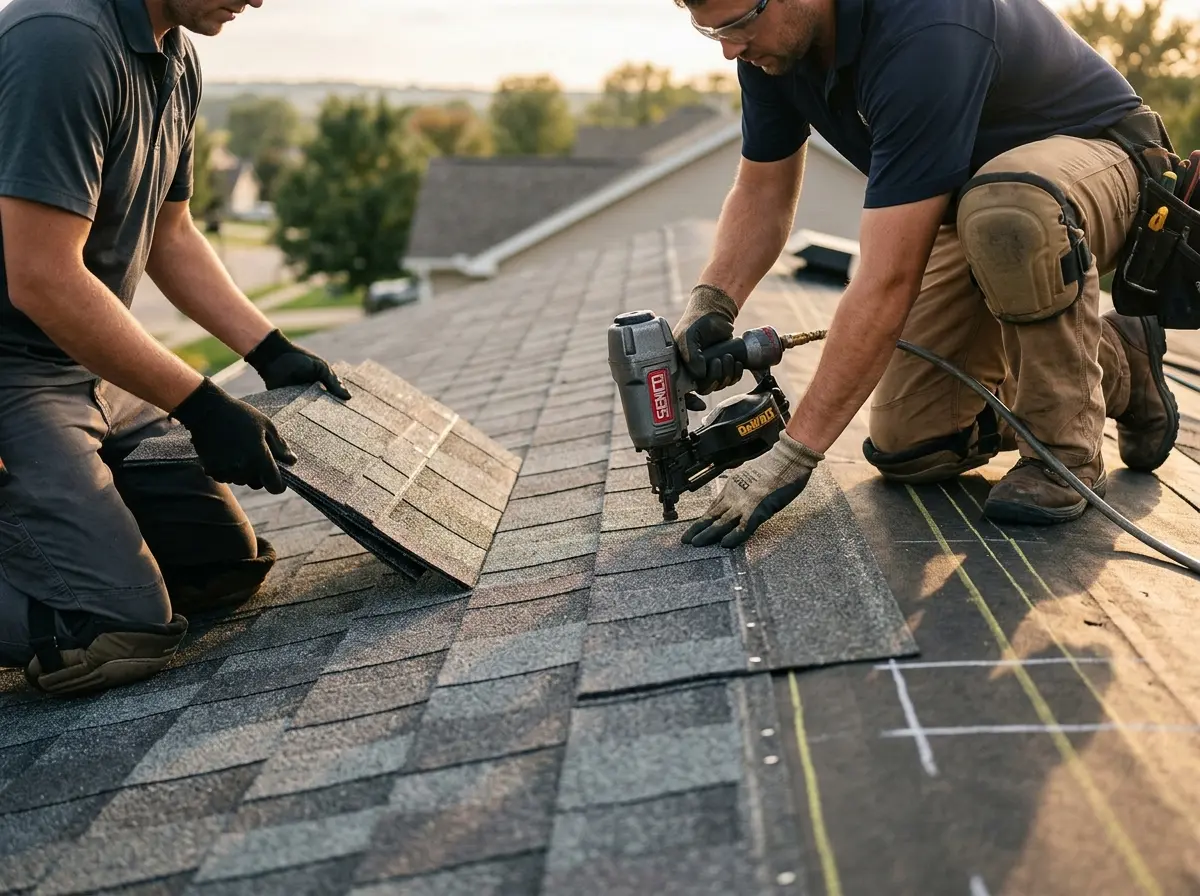 Professional roofer working on a residential roof in Pomfret
